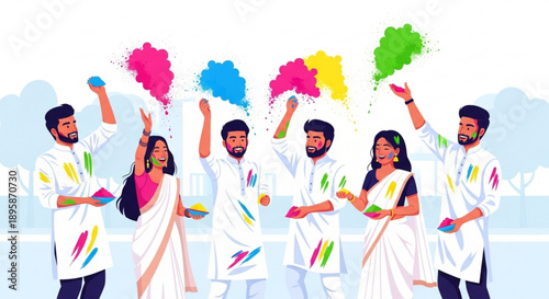 Group of people celebrating Holi festival throwing colorful powder in the air traditional Indian attire concept of joy and togetherness