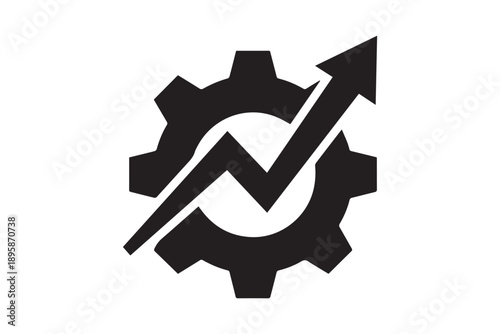 Operational efficiency gear icon with rising financial arrow silhouette vector art on white background