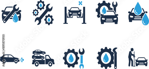 Car Service and Auto Repair Icon Vector Set with Maintenance Tools, Vehicle Inspection, Oil Change, Washing, and Automotive Workshop Symbols