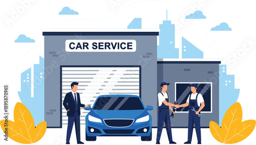 Car Service Center Vector Illustration with Auto Repair Garage, Professional Mechanics, Vehicle Inspection Scene, and Customer Maintenance Concept