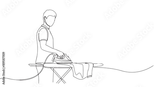 Minimalist continuous line art illustration of a person diligently ironing clothes, depicting household chores and a daily domestic routine in a clean vector graphic style