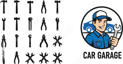 Car Garage Tool Icon Vector Set with Mechanic Character Logo, Automotive Repair Equipment Silhouettes, Workshop Service Symbols, and Professional Branding Design