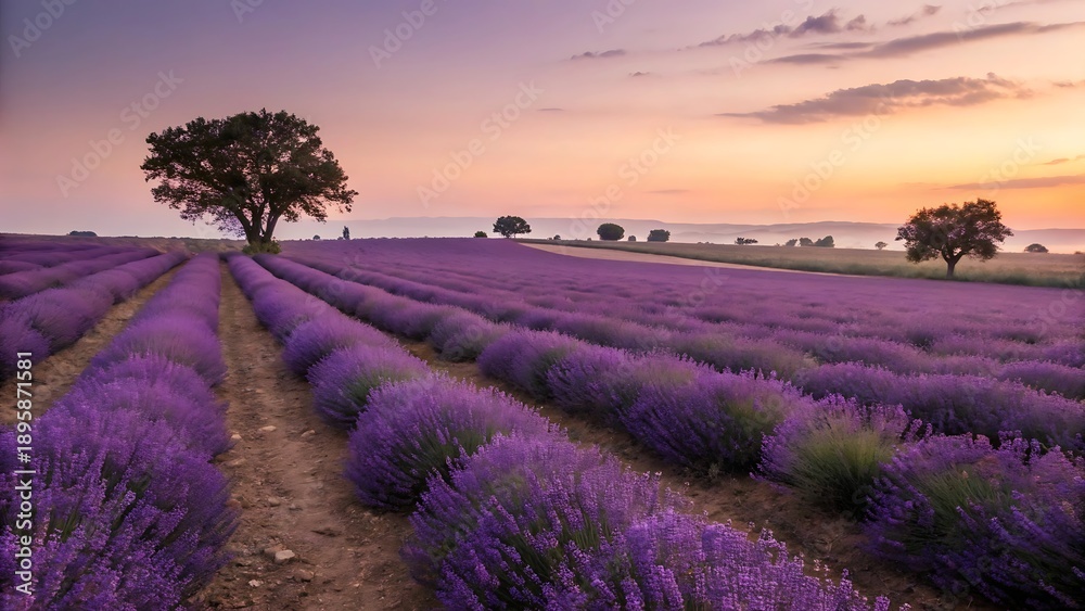 Naklejka premium Vast lavender field at sunset with trees and rolling hills, a serene rural landscape