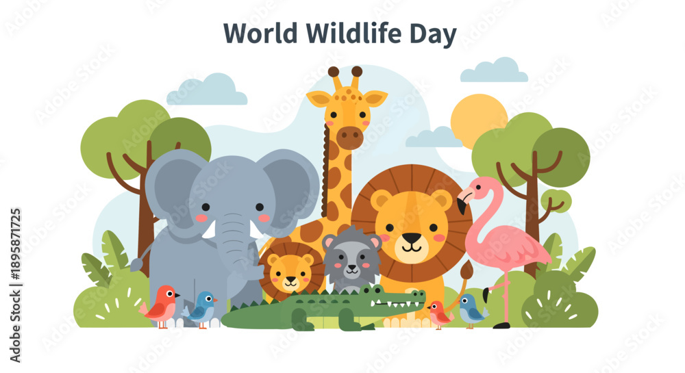 Obraz premium Celebrating World Wildlife Day with diverse animals in a vibrant outdoor setting
