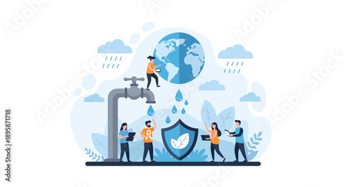 People conserving water around a faucet with a shield protecting the globe above