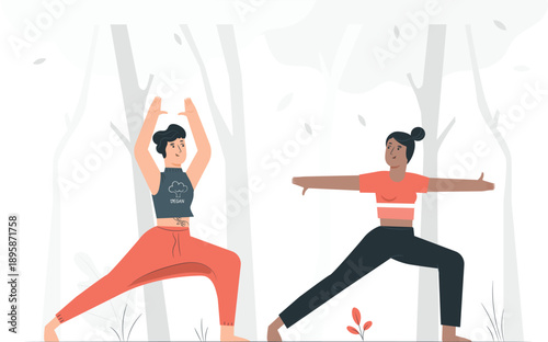 Two women practicing yoga in a serene forest environment viewed from the side