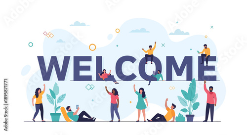 Diverse group of people celebrating welcome with joy and enthusiasm in a lively illustration