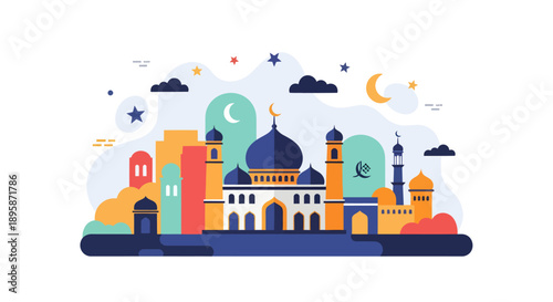 Vibrant illustration of mosque architecture with crescent moon, stars, and clouds, conveying spirituality and community
