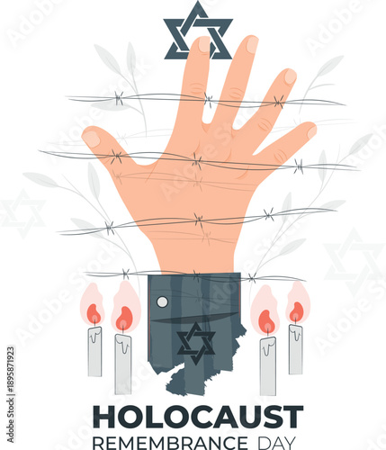 A hand reaching out from barbed wire, symbolizing the Holocaust Remembrance Day, surrounded by candles and the Star of David