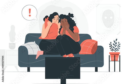 Two women sitting closely on a sofa, engaged in an intense conversation, indoors, from a frontal viewpoint