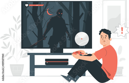 Man playing video game on TV with a horror character displayed on the screen in a cozy home environment from a side viewpoint