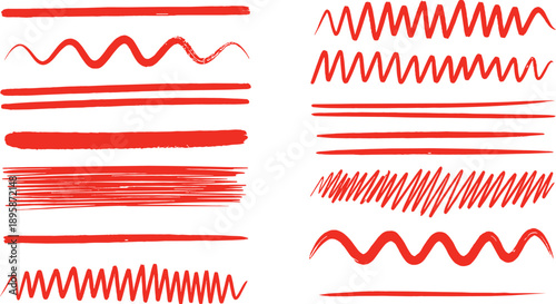 Set of hand drawn red marker strokes brush lines wavy zig zag underlines and scribbles vector elements