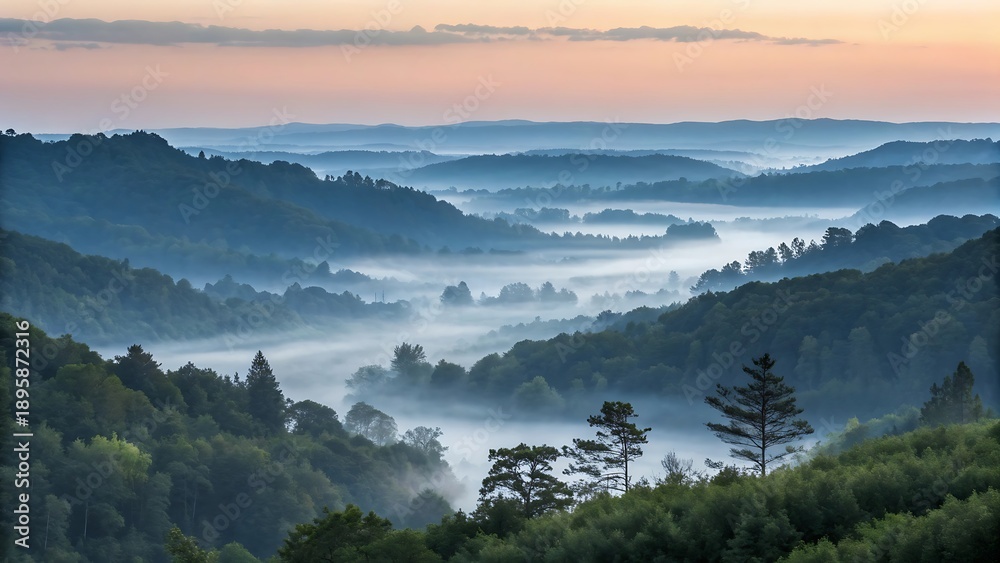 Obraz premium Misty valley with rolling hills and lush green forest at sunrise