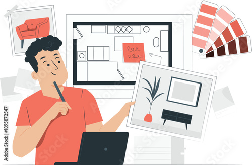 Designer contemplates interior design on laptop, surrounded by sketches and color palettes, with a thoughtful expression from a close-up viewpoint