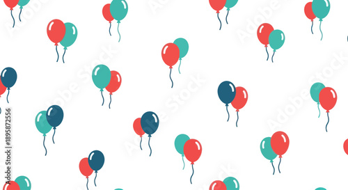 Red, teal, and dark blue balloons scattered on a white background, flat design.