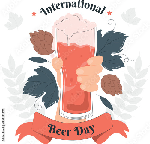 Celebrating International Beer Day with a refreshing glass of beer surrounded by hop cones and leaves