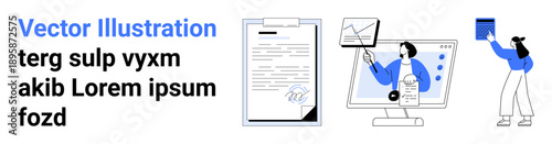 Business operations, teamwork, data analysis, project management, education, document signing. Includes a signed paper, data dashboard on a computer and a person holding a file. Teamwork and data