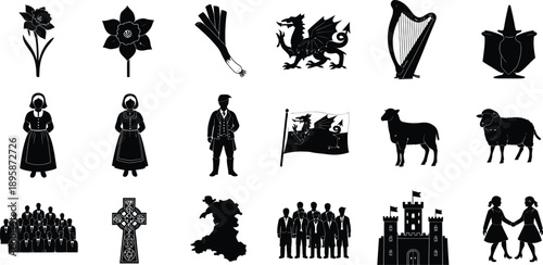 Medieval silhouettes of people animals and symbols