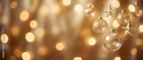 Hovering golden ornaments celebrate festive joy in a soft bokeh backdrop, captured from a close-up viewpoint with sparkling detail