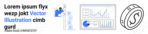 Analyst climbing risk ladder, data charts showing graphs and pie chart, coin representing financial focus. Ideal for finance, analytics, strategy, investment, business growth, risk simple landing
