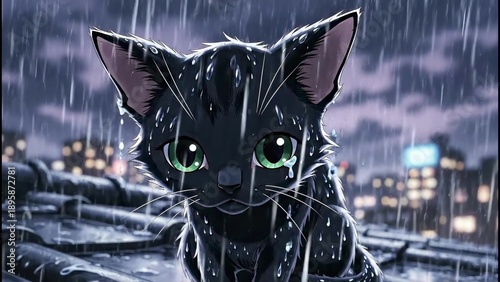 Sad Feline Beneath Stormy Skies, Small Cat On Roof Amid Steady Rainfall And City Glow, Little Kitten Situated Atop Building During Rain With Shimmering Green Eyes And Neon Backdrop