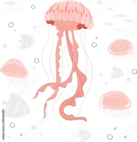 Jellyfish floating amidst marine life in the ocean, viewed from above, illustration of underwater scene