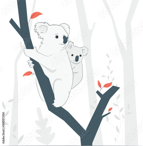 A mother koala and her joey resting on a tree branch in a forest viewed from the side