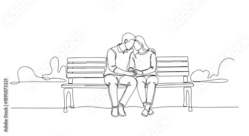 A Romantic Couple Sitting Together on a Park Bench in a Minimalist Single Line Drawing Style