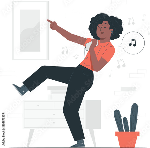 Young woman dancing and singing in a modern living room with furniture and plants