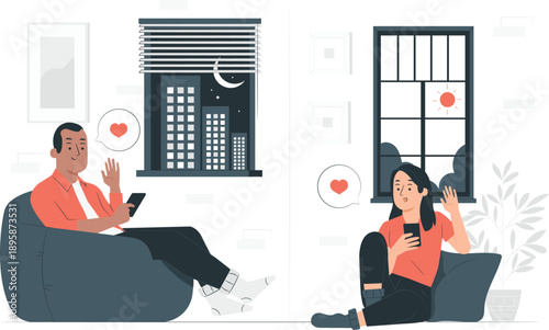 Couple relaxing on furniture in a modern living room with technology and love icons surrounding them