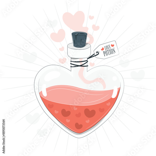 Heart-shaped love potion illustration with hearts and a tag, symbolizing love and affection in a whimsical design