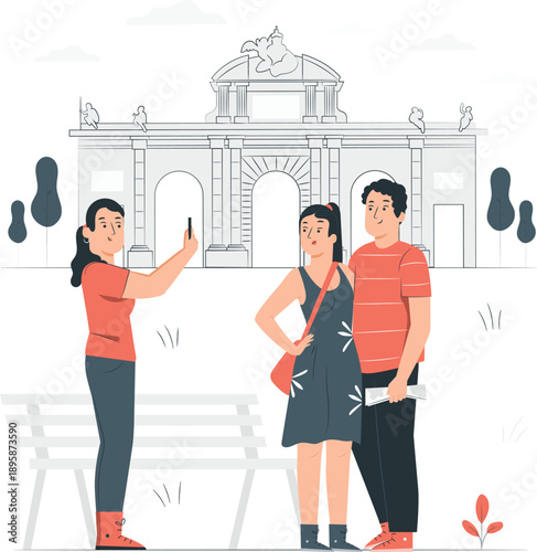 Couple posing for a photo in front of a monument with a friend taking a picture