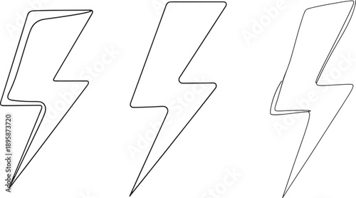 Three black and white lightning bolt illustrations in single line drawn style