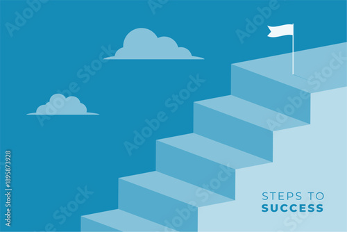 3d rise up progress staircase towards target flag business success concept