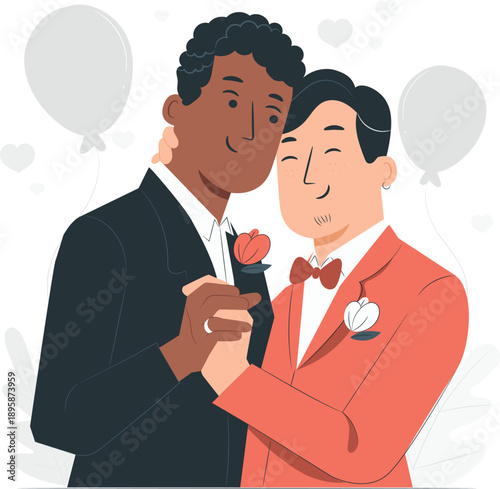 Two men in formal attire share a tender moment, pinning boutonnieres on each other amidst hearts and balloons