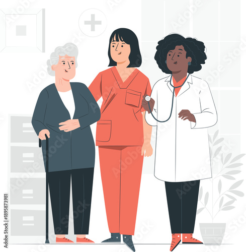 Medical professionals assist elderly woman in a clinical setting with care and attention