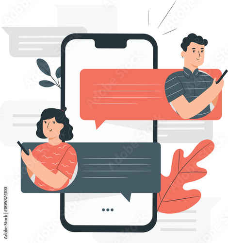 People communicating through a mobile phone with speech bubbles and leaves surrounding the device