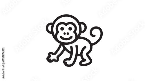 Cartoon monkey illustration in simple line art style with black outline on white background for childrens education