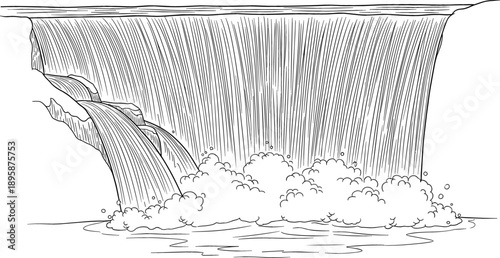 Detailed black and white line art vector of a massive cascading waterfall with dramatic mist and spray.