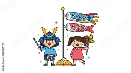 Young boy in a samurai helmet and a girl with a pinwheel standing together next to colorful carp streamers on a pole for Children's Day.