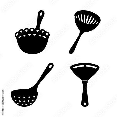 Black and White Kitchen Utensils Silhouette Collection for Cooking and Serving