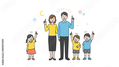 Happy family of five including parents and three children all pointing their fingers upward with smiles while standing together in a row.