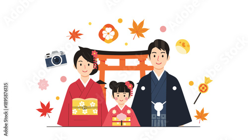 Traditional Japanese family wearing kimonos posing for a photo in front of a red torii gate at a shrine decorated with autumn maple leaves.