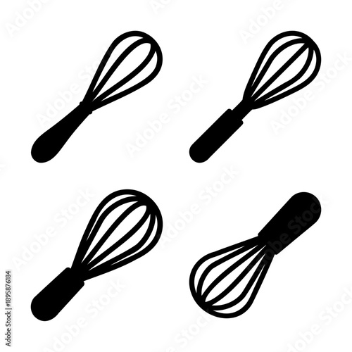 Black and white illustration of four whisks for cooking and baking needs