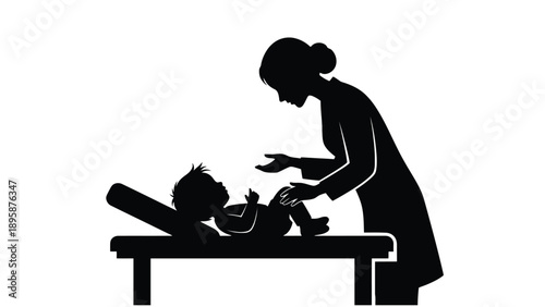 Pediatric Doctor Treating Child on Examination Table, Clinical Care Silhouette Illustration for Medical Training and Child Health Services