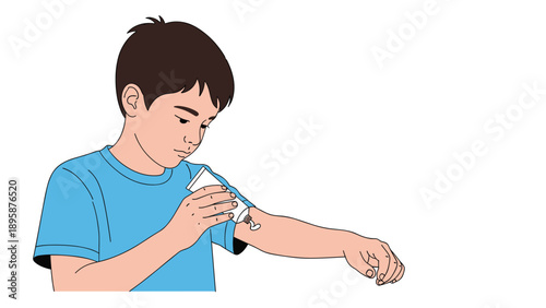 Young boy in a blue shirt carefully applying a medicinal ointment or cream from a white tube onto his arm to treat a skin condition or injury.