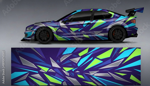 Sports car with a dynamic geometric abstract graphic wrap design in blue, purple, green, and silver colors.