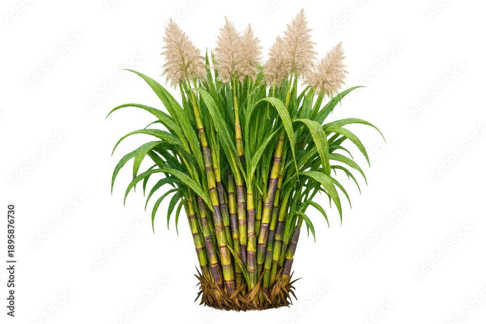 Fototapeta premium Sugarcane plant with stalks, green leaves, and white flower plumes growing, transparent background