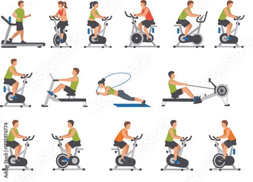 Flat vector fitness icons set of people exercising on treadmills, stationary bikes, rowing machines, and jumping rope.