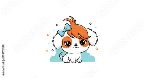 Adorable cartoon puppy with floppy ears and a bright blue bow sits happily against a clean white background for children.